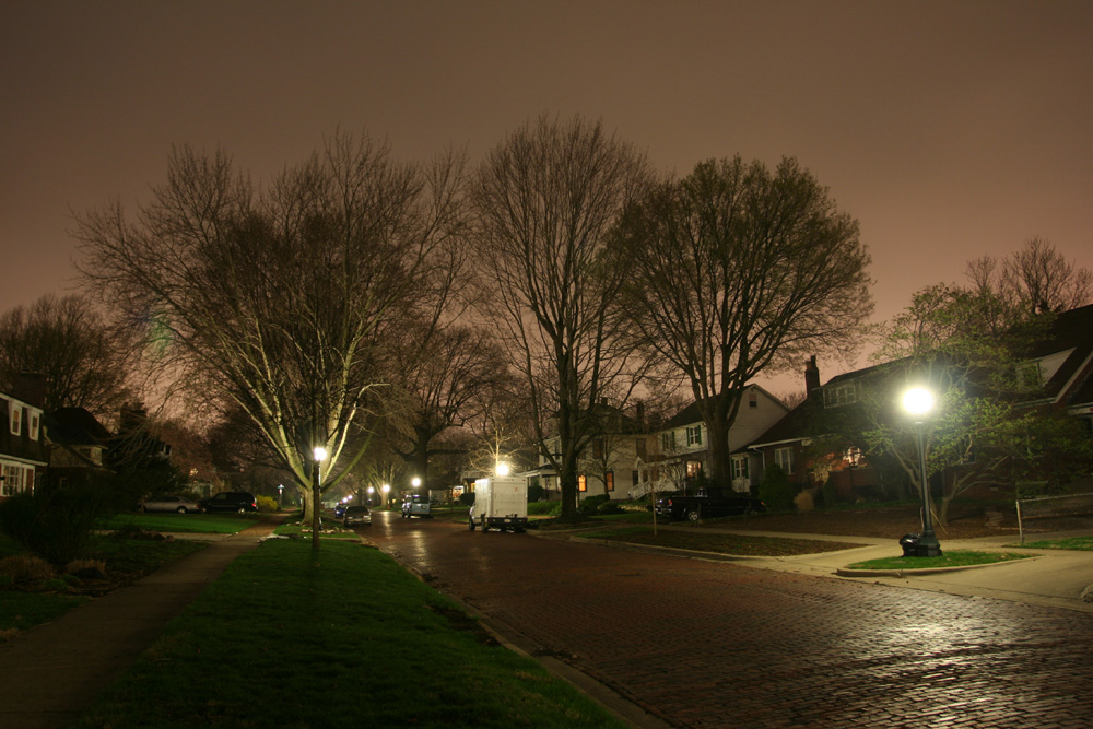 My light-polluted street at night
